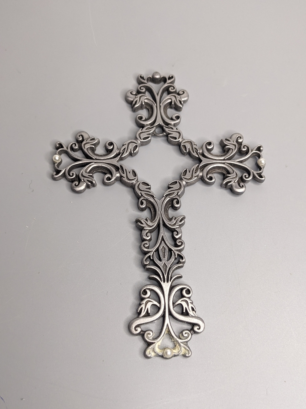 Vintage CAMCO Heavy Pewter Filigree Cross 5" Scroll Openwork Faux Pearl